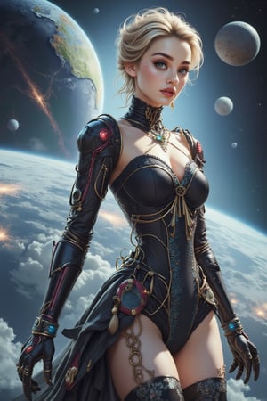 A futuristic femme fatale, half-humanoid robot, provocatively poses in front of a mesmerizing galactic background with swirling gas and dust clouds surrounding Earth and other planets. Perfect lighting accentuates her porcelain skin, chiseled features, and toned physique in glamorous outfits. Her piercing gaze locks onto the viewer, exuding confidence and sensuality. Negative cues: technology and art.