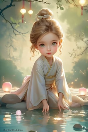 Medium shot of a young girl in a traditional kimono, kneeling by a tranquil river bank. She has intelligent green eyes and beautiful silky golden hair, looking brightly at the camera. She gently places Toro water into the flowing river with her hands. Soft sunlight illuminates her pensive face, with a Japanese pattern in the background. The composition centers on the girl, with the river and lanterns radiating outward. Watercolor strokes in soft blue and green tones reflect a peaceful atmosphere. Warm lighting and vibrant lanterns floating lazily on the water add to the tranquil scene with their soft glow.