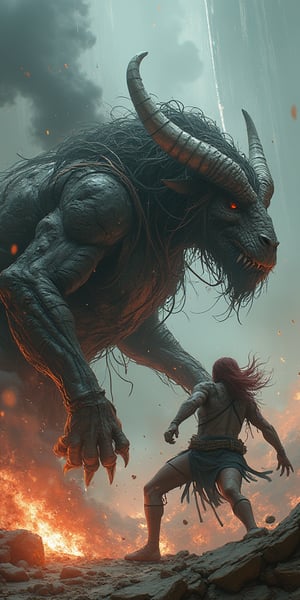 Bpoodied Minotaur fighting in an epic battle against  a banshee aboard a crashing spaceship. the spaceship has a series of small eplosions. Both combatants are filled with hatred for one another. 