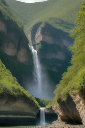 epic waterfall and rolling cliffs, vegetation growing here and there.