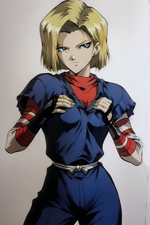 Pepper0 ,retro artstyle,traditional media,android 18, short hair, blue eyes, blonde hair, ninja clothes