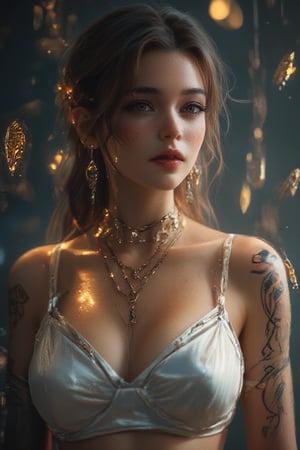 1girl, small breasts, white bra, ass, shoulder tattoo, face tattoo, backround pyrite chrystals in the air