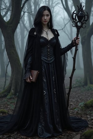 1girl,A striking dark witch with an aura of mystery and power; she is cloaked in a flowing, shadowy gown made of rich velvet and lace, adorned with intricate patterns of thorny vines and crescent moons. Her attire is accented by a corseted bodice and long, draping sleeves that add to her imposing presence. Her hair is raven-black, cascading in wild waves around her shoulders, with a single lock adorned by a silver charm shaped like a raven's feather.

Her eyes are piercing and enigmatic, glowing faintly with an otherworldly light. In one hand, she holds an ancient grimoire bound in leather and etched with arcane symbols; in the other, she wields a twisted staff topped with an obsidian crystal that pulsates with dark energy.

The setting is a mist-laden forest at midnight under a moonless sky, where twisted trees loom ominously in the background. Wisps of fog curl around her feet as shadows dance mysteriously across the landscape. This image captures the essence of dark fantasy with hyperdetailed 16K resolution HDR to highlight every nuance of texture and atmosphere.,1girl