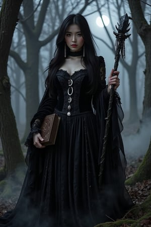 A striking dark witch with an aura of mystery and power; she is cloaked in a flowing, shadowy gown made of rich velvet and lace, adorned with intricate patterns of thorny vines and crescent moons. Her attire is accented by a corseted bodice and long, draping sleeves that add to her imposing presence. Her hair is raven-black, cascading in wild waves around her shoulders, with a single lock adorned by a silver charm shaped like a raven's feather.

Her eyes are piercing and enigmatic, glowing faintly with an otherworldly light. In one hand, she holds an ancient grimoire bound in leather and etched with arcane symbols; in the other, she wields a twisted staff topped with an obsidian crystal that pulsates with dark energy.

The setting is a mist-laden forest at midnight under a moonless sky, where twisted trees loom ominously in the background. Wisps of fog curl around her feet as shadows dance mysteriously across the landscape. This image captures the essence of dark fantasy with hyperdetailed 16K resolution HDR to highlight every nuance of texture and atmosphere.,1girl