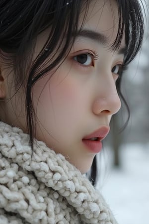 close-up photo, in the style of xiaofei yue, snow scenes, steve hanks, white and silver, normcore, close-up intensity, haifa zangana,1girl