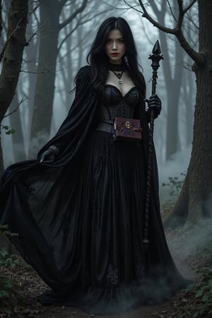 1girl,A striking dark witch with an aura of mystery and power; she is cloaked in a flowing, shadowy gown made of rich velvet and lace, adorned with intricate patterns of thorny vines and crescent moons. Her attire is accented by a corseted bodice and long, draping sleeves that add to her imposing presence. Her hair is raven-black, cascading in wild waves around her shoulders, with a single lock adorned by a silver charm shaped like a raven's feather.

Her eyes are piercing and enigmatic, glowing faintly with an otherworldly light. In one hand, she holds an ancient grimoire bound in leather and etched with arcane symbols; in the other, she wields a twisted staff topped with an obsidian crystal that pulsates with dark energy.

The setting is a mist-laden forest at midnight under a moonless sky, where twisted trees loom ominously in the background. Wisps of fog curl around her feet as shadows dance mysteriously across the landscape. This image captures the essence of dark fantasy with hyperdetailed 16K resolution HDR to highlight every nuance of texture and atmosphere.,1girl