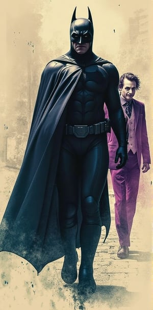 silhouette of comic book batman with the joker walking behind batman,  ink bryshstrokes in background, looking at viewer, walking pose, ink rain, stunning image, digital art, professional style, ((masterpiece quality: 2)), ink droplets, attractive image.,INK,Ink art,more detail XL