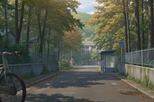 Narrow road leading to the gates of the sanatorium next to the old bus stop. Behind the gates is a path surrounded by trees leading to the building in the distance. Autumn, puddles after rain, scenery. Bicycle on the left side of the image close to the camera, anime background, low camera angle, camera at the ground level. Russia