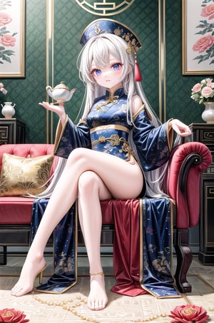 Ceramic material, beige gold tone, a 23-year-old Chinese beauty wearing a gorgeous high-collar dress, with an elegant and leisurely face, full body, sitting on a gorgeous single baroque sofa with a blue background and gold edges. Her outfit is predominantly white with navy blue trim and detailed with a detailed peony pattern. Her perfect long legs were exposed, and there was a blue and white porcelain teapot and teacup on the table next to the chair, indicating that this was a tea party. The floor beneath her feet was strewn with pearls and red beads. Directly behind the background is a gold-framed Chinese painting, and ornate interior decoration surrounds the central figure, adding to the luxurious feel of the scene.