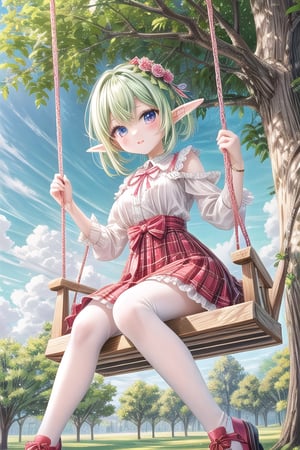 Elf girl under a tree on a swing that is hanging on the tree, apple hairpin, cute,mix,anime,cute,INK