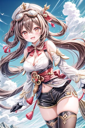 1girl, solo, long hair, breasts, looking at viewer, smile, open mouth, bangs, brown hair, thighhighs, gloves, ribbon, cleavage, hair between eyes, brown eyes, medium breasts, hair ribbon, outdoors, sky, shorts, day, cloud, red ribbon, blue sky, short shorts, goggles, brown shorts, goggles around neck, amber \(genshin impact\)