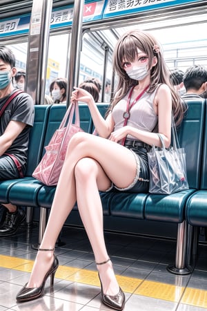 Super-realistic photo, a crowded Taipei MRT train, a 20-year-old Taiwanese woman  sitting elegantly with crossed legs, wearing a surgical mask, a white sleeveless top, revealing a toned figure, extremely short shorts revealing fair and shapely long legs, black high heels, fabric tote bag with small plush charm on the knee, natural lighting, high details, 8K resolution, photojournalism style, Sony A7R IV, 35mm f/1.4 lens