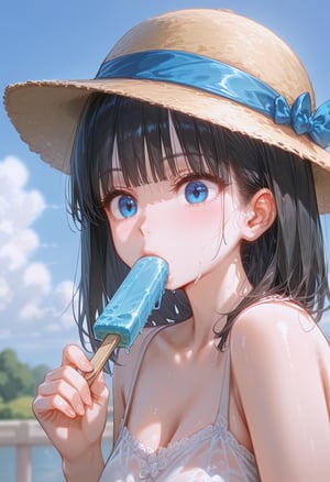 Chinese color and ink painting, the breeze is blowing, a girl is holding a hat that is about to fall off in one hand, and holding a popsicle in the other, looking at the camera with a surprised expression, blue sky and white clouds, rendering, color blocks, blooming, abstract, blurred, hazy, the lower half of the picture remains as Pure white blank, minimalist blank background with handwritten words "see you again!"