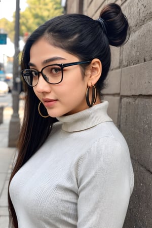 Mallu, 1girl, 18yo, solo, twin tail ponytail, two bun , long hair, looking at viewer, black open hair, jewelry, turtle neck sweater, black, full trouser, suit , upper body, navel, , earrings, eye glasses, black eyes, lips, hoop earrings, realistic,mallu,  