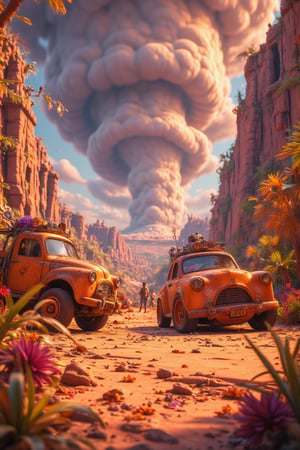 3d vibrant cartoon art Illustrate A post-apocalyptic desert landscape, with rusted vehicles half-buried in the sand, a massive sandstorm approaching in the distance, and survivors scavenging for supplies.