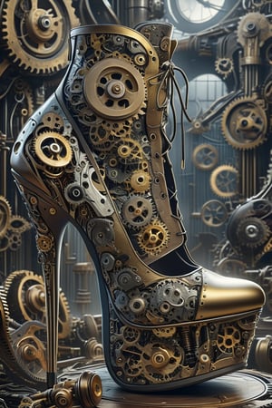 Best quality, extreme details, masterpiece, 8K, wallpaper, official art, (((high heels))), A pair of elaborate high heels is made up of countless gears, metals, and circuit boards .,Mechanical,DonMSt34mPXL,DonMD347hM374lXL