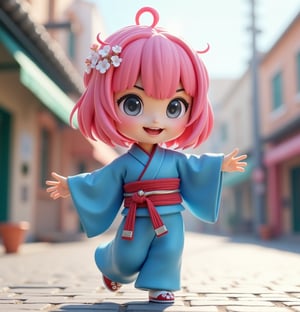 masterpiece,best quality,high resolution,pvc,rendered,chibi,high resolution,1 girl,solo,Anya Forger,pink hair,bob hair,japanese kimono,traditional woman wearing kimono,blue kimono,dancing japanese dance,female action pose,grey eyes,smiling,selfish target,chibi,mediterranean cityscape,smiling,smiling,smugness,full body,chibi,3d figure,toy,doll,character print,front view,natural light,((realistic)) 1.2)),dynamic pose,medium movement,perfect cinematic perfect lighting,perfect composition,anya_forger_spyxfamily,xuer martial arts