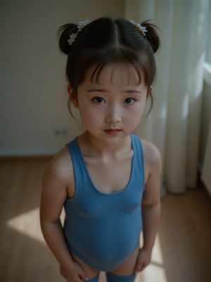 Here is a high-quality, coherent prompt for a stabilizediffusion image: A masterpiece of realistic photography. A 4K RAW image of a 12 years old girl standing indoors, dressed in a blue leotard and thigh-high boots, her brown hair tied up in a ponytail with a sparkling ornament. Her eyes gaze directly at the viewer, a subtle smile playing on her lips as she shrugs ever so slightly. The lighting is cinematic, with vivid illumination that accentuates the natural texture of her skin. The camera captures the scene with a cowboy shot, framing her face and body in a harmonious composition that immerses the viewer. Film grain: 1.2. Fujifilm XT3. Highly detailed and exquisitely rendered, this image is perfect for an ultra-high-quality unity 8K wallpaper.
