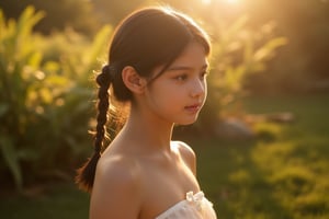 Floodlight,This is a sunlit portrait of a young girl in profile with her back to the camera,bathed in warm,soft light that creates a halo effect around her. Her brown hair is loosely tied back with curls twisting around her face and neck. She is wearing a see-through strapless white dress trimmed with lace. The background is blurred to ensure that the focus is on the subject. The photograph is softly lit and luminous,with delicate romantic tones and an ethereal,dreamy quality. The soft focus enhances the gentle and serene atmosphere of the image., where lush greenery and bold emblazoned words SUNSHINE create a striking visual counterpoint to her melancholic countenance, as if bathed in the faint light of the street lamps.(Film grain: 1.2, ultra detailed skin texture)