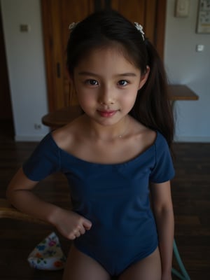 Here is a high-quality, coherent prompt for a stabilizediffusion image: A masterpiece of realistic photography. A 4K RAW image of a 12 years old girl standing indoors, dressed in a blue leotard and thigh-high boots, her brown hair tied up in a ponytail with a sparkling ornament. Her eyes gaze directly at the viewer, a subtle smile playing on her lips as she shrugs ever so slightly. The lighting is cinematic, with vivid illumination that accentuates the natural texture of her skin. The camera captures the scene with a cowboy shot, framing her face and body in a harmonious composition that immerses the viewer. Film grain: 1.2. Fujifilm XT3. Highly detailed and exquisitely rendered, this image is perfect for an ultra-high-quality unity 8K wallpaper.
