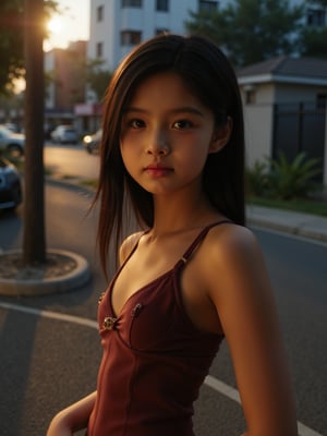 Here's a prompt for a RAW photo: A cinematic shot captured on Fujifilm XT3, showcasing an 14-year-old girl in a street corner setting with soft, natural lighting. She stands  vest from the waist up, her finely detailed face radiating mystery as she gazes off-camera. The vivid illumination accentuates the transparency and tightness of her outfit, exuding playfulness and sensuality. The composition is harmonious, inviting the viewer to immerse themselves in the atmosphere. (Film grain: 1.2,ultra detailed skin texture)