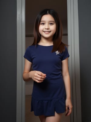 Here is a high-quality, coherent prompt for a stabilizediffusion image: A masterpiece of realistic photography. A 4K RAW image of a 12 years old girl standing indoors, dressed in a blue leotard and thigh-high boots, her brown hair tied up in a ponytail with a sparkling ornament. Her eyes gaze directly at the viewer, a subtle smile playing on her lips as she shrugs ever so slightly. The lighting is cinematic, with vivid illumination that accentuates the natural texture of her skin. The camera captures the scene with a cowboy shot, framing her face and body in a harmonious composition that immerses the viewer. Film grain: 1.2. Fujifilm XT3. Highly detailed and exquisitely rendered, this image is perfect for an ultra-high-quality unity 8K wallpaper.
