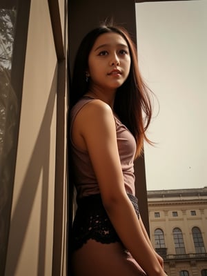 Here's a prompt for a RAW photo: A cinematic shot captured on Fujifilm XT3, showcasing an 14-year-old girl in a street corner setting with soft, natural lighting. She stands  vest from the waist up, her finely detailed face radiating mystery as she gazes off-camera. The vivid illumination accentuates the transparency and tightness of her outfit, exuding playfulness and sensuality. The composition is harmonious, inviting the viewer to immerse themselves in the atmosphere. (Film grain: 1.2,ultra detailed skin texture)