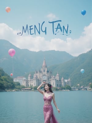 A beautiful Chinese woman stands by the lake, dressed in sexy clothing, revealing her upper body, and smiling at the audience, earth landscape, medieval castle, lake, mountains, clouds, clear sky, colorful balloons (balloons: 1.5) Blue and white tones, smiles, epic, Celestia, fantasy world, beautiful world..,Above the image, there is an artistic font that reads' MENG TAN '