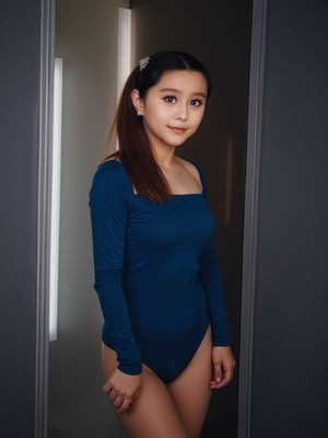 A masterpiece of realistic photography. A 4K RAW image of a 14 years old girl standing indoors, dressed in a blue leotard and thigh-high boots, her brown hair tied up in a ponytail with a sparkling ornament. Her eyes gaze directly at the viewer, a subtle smile playing on her lips as she shrugs ever so slightly. The lighting is cinematic, with vivid illumination that accentuates the natural texture of her skin. The camera captures the scene with a cowboy shot, framing her face and body in a harmonious composition that immerses the viewer. Film grain: 1.2. Fujifilm XT3. Highly detailed and exquisitely rendered, this image is perfect for an ultra-high-quality unity 8K wallpaper.