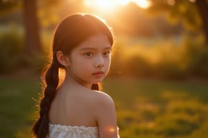 Floodlight,This is a sunlit portrait of a young girl in profile with her back to the camera,bathed in warm,soft light that creates a halo effect around her. Her brown hair is loosely tied back with curls twisting around her face and neck. She is wearing a see-through strapless white dress trimmed with lace. The background is blurred to ensure that the focus is on the subject. The photograph is softly lit and luminous,with delicate romantic tones and an ethereal,dreamy quality. The soft focus enhances the gentle and serene atmosphere of the image., where lush greenery and bold emblazoned words SUNSHINE create a striking visual counterpoint to her melancholic countenance, as if bathed in the faint light of the street lamps.(Film grain: 1.2, ultra detailed skin texture)