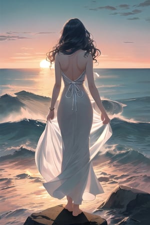 A serene scene of a woman standing on the edge of a tall cliff, gazing out over the vast ocean. She wears a long, freely flowing dress that flutters gently in the wind, its light fabric catching the breeze. Her back is turned toward the viewer, and her long, wavy hair flows freely behind her. The sky is a soft blend of oranges, pinks, and purples as the sun sets on the horizon, casting a warm glow over the scene. The waves crash softly against the rocky shore below, and a sense of calm and contemplation fills the air. The woman stands still, as if lost in thought, the beauty of nature surrounding her.