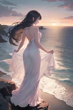 A serene scene of a woman standing on the edge of a tall cliff, gazing out over the vast ocean. She wears a long, freely flowing dress that flutters gently in the wind, its light fabric catching the breeze. Her back is turned toward the viewer, and her long, wavy hair flows freely behind her. The sky is a soft blend of oranges, pinks, and purples as the sun sets on the horizon, casting a warm glow over the scene. The waves crash softly against the rocky shore below, and a sense of calm and contemplation fills the air. The woman stands still, as if lost in thought, the beauty of nature surrounding her.