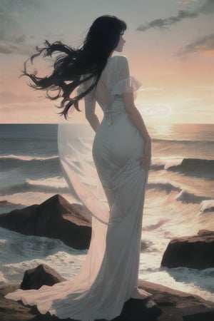 A serene scene of a woman standing on the edge of a tall cliff, gazing out over the vast ocean. She wears a long, freely flowing dress that flutters gently in the wind, its light fabric catching the breeze. Her back is turned toward the viewer, and her long, wavy hair flows freely behind her. The sky is a soft blend of oranges, pinks, and purples as the sun sets on the horizon, casting a warm glow over the scene. The waves crash softly against the rocky shore below, and a sense of calm and contemplation fills the air. The woman stands still, as if lost in thought, the beauty of nature surrounding her.