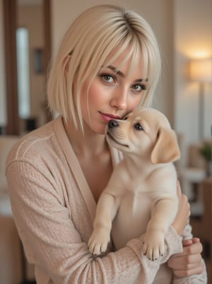 A heartwarming close-up of Nex.ia, the AI influencer with platinum blonde straight bob hair with high ponyhair, and hazel eyes, gently cradling a small, adorable Labrador puppy. Nex.ia is smiling softly, her expression a mix of joy and curiosity. The puppy, with its big brown eyes and floppy ears, is looking up at her adoringly. Nex.ia is wearing a chic, casual outfit in soft pastel colors that complement the puppy's golden fur. The background is slightly blurred, suggesting a cozy home environment with warm, natural lighting. The image captures a tender moment of connection between AI and nature.,Nexia