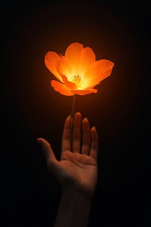 (wallpaper) a vibrant orange glowing shining flower is soaring across the dark sky backgound, dark background. The flower is glowing with a glowing orange hue, adding a pop of color to the scene. a hand of is try to reach the flower, that hand is positioned in a way that creates a striking contrast, The backdrop is a deep black, creating a stark contrast to the glowing flower and the hands which try to reach it.