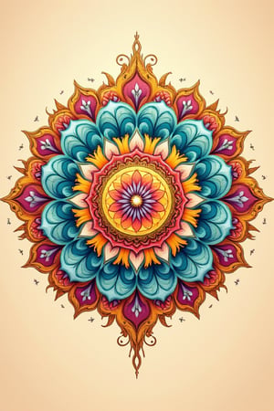 Vibrant round traditional mandala unfurls against a warm beige background, radiating symmetrical beauty as intricate patterns of turquoise, coral, and sunshine yellow dance across the central circle, with delicate filigree work adorning the outer edges in soft pastel hues of rose and lavender. Framed by a subtle golden border, the mandala's curves and swirls seem to emerge from the beige canvas like a lotus flower blooming.,aidmafluxpro1.1