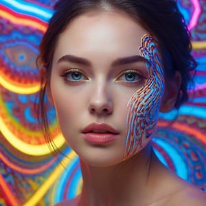 A close-up shot frames the subject's tranquil face, bathed in soft, gentle lighting that accentuates her porcelain skin. As her expression changes, the camera zooms in to reveal a mesmerizing, swirling vortex of colors and shapes. Geometric patterns pulse with vibrant neon hues, converging into a 3D structure that undulates against a blurred background, blurring reality and fantasy.