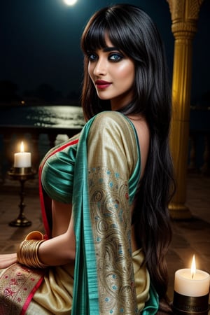 Full body shot, side view, realistic photgraphic image of young stunningly gorgeous and beautiful exotic women in India. night time, full moon, candles and torches alight, she sits on the banks of the ganges at night, full moon, she has a sweet sensual closed mouth smile, stunning big light green realistic eyes, rich colorful make-up and eyeliner on her eyes, long curly black hair with bangs, she wears an ancient indian dress in silk, cotton and linen fabrics, colors of green, gold, red which is richly and elaborately decorated, with embroidery and rich jewels, gold jewelry and ornaments. lush flora deep blue water blue, marble benches, realistic lighting