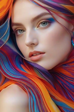 A face, initially serene, fills the frame with gentle lighting casting a soft glow on her porcelain skin. As she transforms, the camera zooms in to reveal a mesmerizing tapestry of swirling colors and shapes, like a living entity. Geometric patterns pulse with vibrant hues, bold lines and curves converging to form a 3D structure that undulates against a blurred background, where reality and fantasy blur in a kaleidoscope of hues.