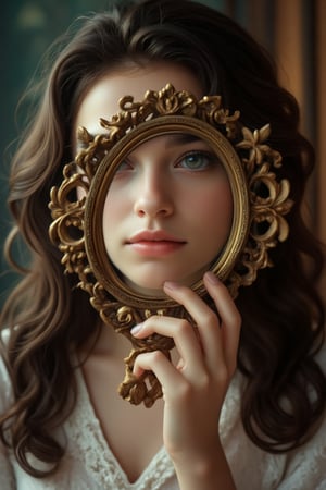 A woman's delicate fingers cradle a Victorian-era hand mirror, its ornate frame reflecting the serene visage of Aishi. Her eyes, a window to her soul, convey an air of introspection as the mirror's glass captures every subtle nuance. The blurred bokeh background recedes into obscurity, focusing attention on the mirrored gaze and the gentle grasp that holds it, inviting contemplation of one's own identity and self-perception.