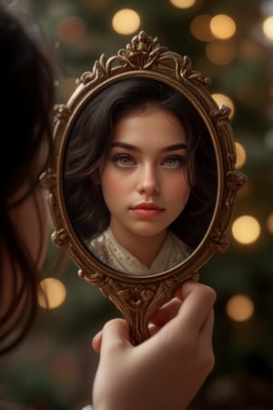 A striking photograph of a victorian hand mirror, held by a woman, reflecting a close-up of a Aishi's face. The reflection captures the her face in sharp detail, with the expression in the eyes being intense and introspective. The background is softly blurred with bokeh effects, drawing full attention to the reflection in the mirror and the hand holding it. The image is artistic and thought-provoking, inviting viewers to ponder the themes of identity, self-perception,