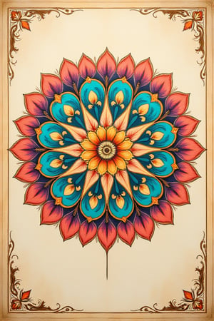 Vibrant round traditional mandala unfurls against a warm beige background, radiating symmetrical beauty as intricate patterns of turquoise, coral, and sunshine yellow dance across the central circle, with delicate filigree work adorning the outer edges in soft pastel hues of rose and lavender. Framed by a subtle golden border, the mandala's curves and swirls seem to emerge from the beige canvas like a lotus flower blooming.