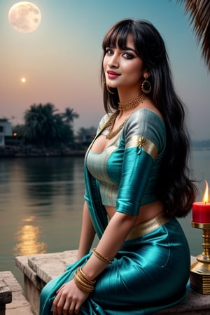 Full body shot, side view, realistic photgraphic image of young stunningly gorgeous and beautiful exotic woman in Ancient India. night time, full moon, candles and torches alight, she sits on the banks of the ganges at night, full moon, she has a sweet sensual closed mouth smile, stunning big light green realistic eyes, rich colorful make-up and eyeliner on her eyes, long curly black hair with bangs, she wears an ancient indian dress in silk, cotton and linen fabrics, colors of teal. gold, red which is richly and elaborately decorated, with embroidery and rich jewels, gold jewelry and ornaments. lush flora deep blue water blue, marble benches, palm, coconut, mango trees, incense pots with burning incense,BlackworkStyleManityro, greyscale, monochrome,white background