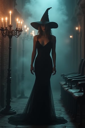 In a mist-shrouded alleyway, Witchy's long, flowing black dress trails behind her like a dark mist, as she walks with an air of mystique, her curvaceous figure accentuated by the eerie smoke that follows her path. The candelabra casts an ominous glow on her face, highlighting her sugary craving for eyeball-shaped candies, as the flickering candles and creaking wooden chairs in the background create a haunting ambiance.