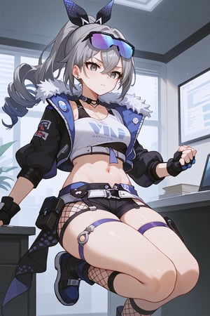 1woman, solo, office, (dynamic pose:1.2), front view FROM TOP,
silverwolfdef, grey eyes, grey hair, long hair, ponytail, hair between eyes, drill hair,eyewear on head, hair ribbon, choker, crop top, fur trim, black jacket, cropped jacket, midriff, navel, black gloves, fingerless gloves, thigh strap, no shorts, fishnet socks, 
score_9, score_8_up, source_anime, broad lighting, (detailed socks), 