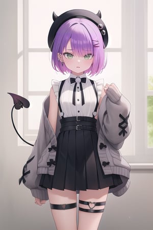 masterpiece, best quality, aatowa, highres, bbtowa, short hair, black headwear, beret, fake horns, hair ornament, piercing, demon tail, black bowtie, white shirt, sleeveless, off shoulder, grey cardigan, open clothes, sleeves past wrists, black skirt, suspender skirt, thigh strap, cowboy shot, standing,
