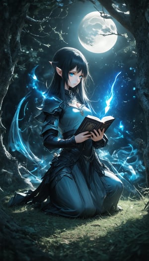 dark fantasy, close up, beautiful dark elf witch knelt in the middle of a magic ritual circle in dark dead forest, holding a magic spell book in hand, glowing blue eyes, light armor and small blue skirt, blue moonrays through branches, glowing light spiraling around her, pale blue skin, magical light, nighttime ambient lighting, vivid, desaturated, dramatic, emotional, cinematic, high contrast, anime artstyle, sharp focus, HDR