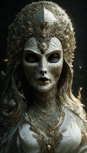 a monstrous horror face seen behind an intricately detailed cracked beautiful goddess mask