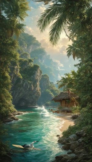 masterpiece, hyperdetailsm, oil on canvas, splash art, of a secluded tiny cove with rocky hill and hidden cave, lots of palm trees, some coconut trees, green bushes, coconuts, simple beach hut made of bamboo, and thatch roof, clothesline made of bamboo with draped traditional Balinese sarong, surfboards, and seagull eating fish, in a serene morning with sun rise warm light as intricate super extreme hyper detail oil painting by James Gurney mixed with ethereal fantasy hyperdetailed mist and surfaces by Thomas Kinkade. *&@!# peacepunk. volumetric.