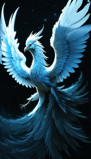 A majestic, ethereal phoenix with shimmering icy-blue feathers is depicted in mid-flight against a dark, starry background. Its wings are elegantly spread, showcasing intricate feather details that glisten like frost. The overall appearance conveys a sense of magic and grace, enhanced by a soft glow surrounding the bird.